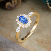 4 Prong Vintage Halo Cluster Oval Cut Sapphire Engagement Ring